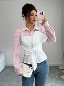 SHEIN Clasi 女士优雅浪漫扭腰修身衬衫，适合秋季返校穿着 - 粉色 - 查看 1