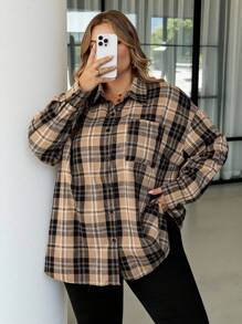 SHEIN CURVE+ 加大码返校格子印花贴袋休闲长袖纽扣法兰绒衬衫，教师衬衫女士秋季服装，冬季，CURVE PLUS - 彩色 - 查看 6