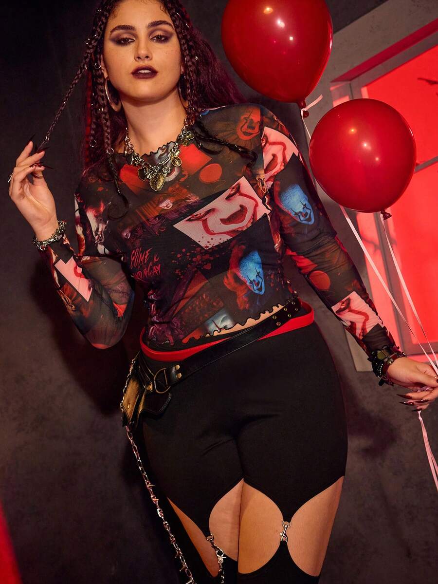 IT x SHEIN 大码女式恐怖图案荷叶边薄纱修身上衣,适合万圣节穿着,大码女式万圣节服装,万圣节小丑回魂服装,大码女式小丑潘尼怀斯服装,适合曲线身材女性的万圣节服装,秋季女式恐怖元素上衣,拉斯维加斯之夜,曲线生日节,曲线音乐会 - 彩色 - 查看 1