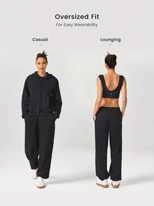 GLOWMODE 30'' Everyday Fleece Be Comfy Oversized Fit Adjustable Drawstring Waist Basic Joggers With Side Pockets Daily Casual - Black - View 2