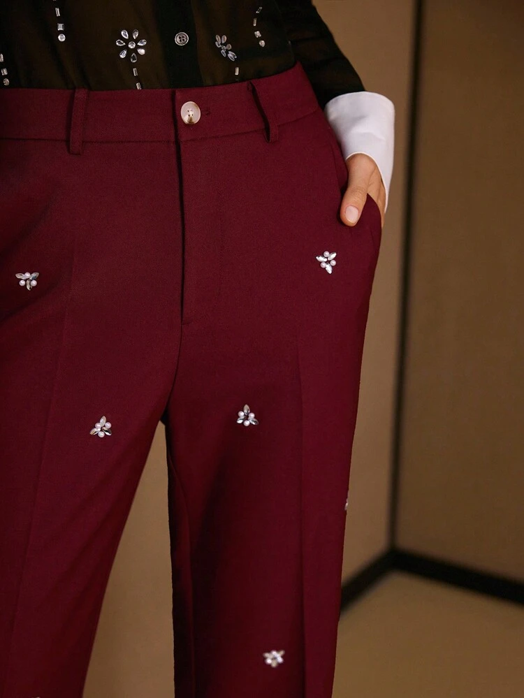 RHINESTONE FLARE LEG SUIT PANTS