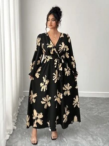 Elenzga Plus Size Women's V Neck Lantern Sleeve Waisted A-Line Maxi Dress, Autumn And Winter Fall Cloth For Women - Multicolor - View 1