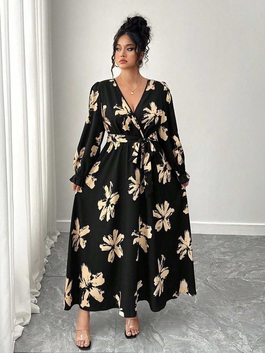 Elenzga Plus Size Women's V Neck Lantern Sleeve Waisted A-Line Maxi Dress, Autumn And Winter Fall Cloth For Women - Multicolor - View 1