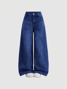 SHEIN Girlism 少女Y2K复古宽松阔腿牛仔裤，原宿风韩流街头服饰，灰色复古2000年代风格，冬季返校季，Y2K牛仔裤，超大牛仔裤，秋季阔腿牛仔裤 - 深色水洗藍 - 查看 5