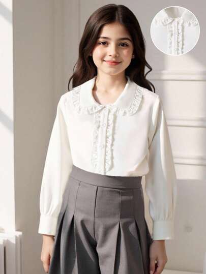 SHEIN Young Girl Casual Basic Elegant School Style Puff Sleeve White Shirt With Pleated Peter Pan Collar And Ruffle Cuffs, Suitable For Autumn, Winter, School, Award Ceremonies, Performances, Parties, And Daily Wear.,Holiday,Summer,Travel Fall