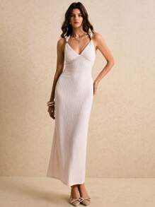 Poéselle Váy hở lưng không tay màu trơn thanh lịch dành cho nữ, mùa hè - Màu be - Xem 7