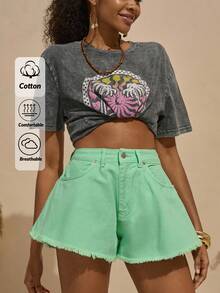 Bóhologie Boho Bohemela Womens Clothing Women Summer Clothes High-Waisted A-Line Denim Shorts – Vibrant Wash, Frayed Hem, Relaxed Fit & Chic Summer Staple Casual Boho Style Germany Seaside Holiday, Suitable For Everyday, Out Of The Street, Holiday And Other Occasions To Wear Music Festival - Mint Green - View 1