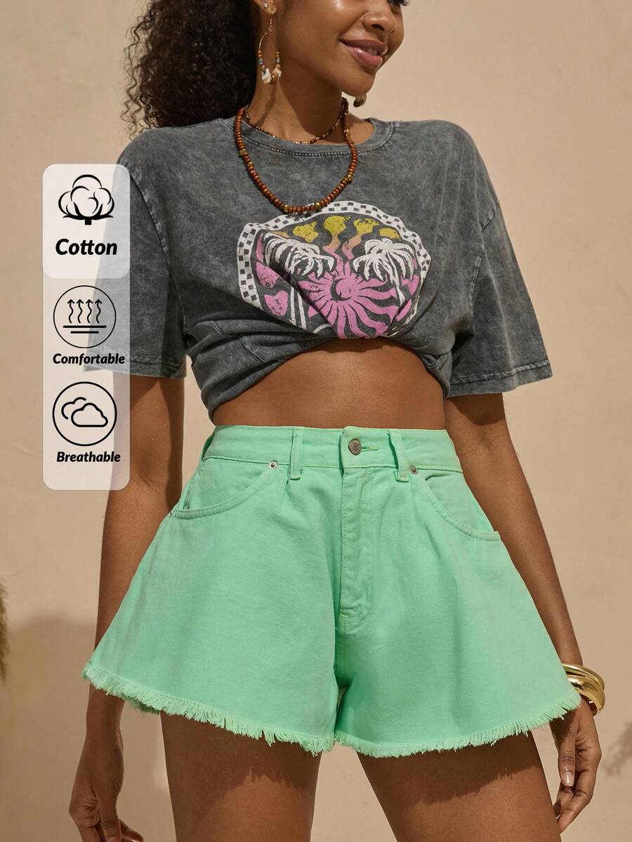 Bóhologie Boho Bohemela Womens Clothing Women Summer Clothes High-Waisted A-Line Denim Shorts – Vibrant Wash, Frayed Hem, Relaxed Fit & Chic Summer Staple Casual Boho Style Germany Seaside Holiday, Suitable For Everyday, Out Of The Street, Holiday And Other Occasions To Wear Music Festival - Mint Green - View 1