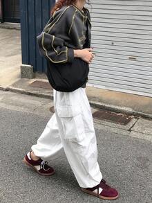 FRIFUL 女士圆领撞色针脚拼布正面字母印花装饰宽松灯笼袖保暖内衬厚款卫衣秋冬 Y2k 卫衣华夫格针织卫衣刺绣卫衣超大码卫衣撞色针脚卫衣 - 灰色 - 查看 7