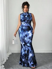 Rometta 法式优雅碎花高领无袖连衣裙，2025新款高腰显瘦优雅连衣裙，收腰碎花长裙，显瘦度假风休闲长裙，荷叶边下摆显瘦长款A字碎花连衣裙，法式度假连衣裙，夏季新款度假风收腰长裙，针织碎花连衣裙 - 藏蓝色 - 查看 10