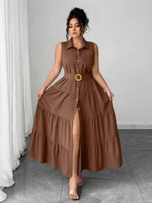 Elenzga 大码女式纯色休闲通勤前扣无袖衬衫裙，褶皱长裙，夏季 - 棕色 - 查看 6