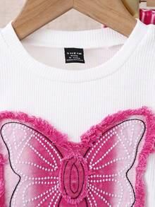 SHEIN Playful Pals Girls' White Casual Fitted Long Sleeve Round Neck T-Shirt With Cute 3D Butterfly Embroidered Denim Patch Design Girls' Pink Washed Casual Loose Multi-Pocket Design Cargo Denim Pants, Versatile And Fashionable For Everyday Wear Fall Winter