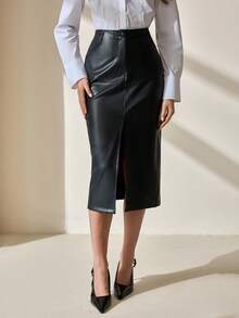 CLARA VERO Fustă creion neagră din piele ecologică pentru femei