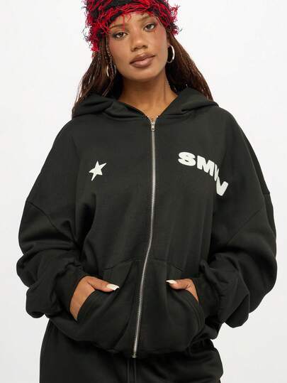 SUMWON WOMEN هودي كبير الحجم مزود بسحاب كامل مع رقعة نجمة وتفاصيل نص أبيض، جيوب أمامية، ملابس كاجوال للخريف والشتاء