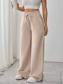 EURMUSE 女士口袋和缝线细节直筒运动裤 - 米色 - 查看 4