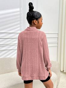 SHEIN Niña preadolescente Cardigan rosa de manga larga de punto de unicolor informal - Rosa vieja - Ver 2