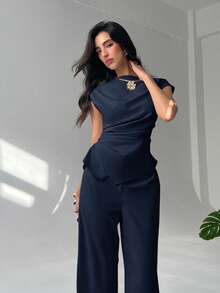 Aloruh 简约通勤办公套装，新款春夏船领短袖收腰女式衬衫+高腰超长阔腿女式长裤，两件套 - 藏蓝色 - 查看 4