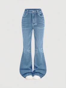 SHEIN Girlism Quần jeans ống loe co giãn đính đá phong cách Y2K Punk cổ điển thêu cánh và đính đá cho bé gái tuổi teen có túi xéo - Rửa tối - Xem 2