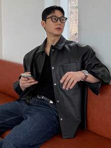 DAZY Giacca in pelle PU nera tinta unita da uomo, camicia da uomo a maniche lunghe autunnale