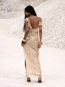 MUSERA 不对称肩部荷叶边不对称侧开衩中长连衣裙，适合夜晚外出、生日等场合，优雅迷人，适合秋季、春夏度假等各种场合。 - 彩色 - 查看 4