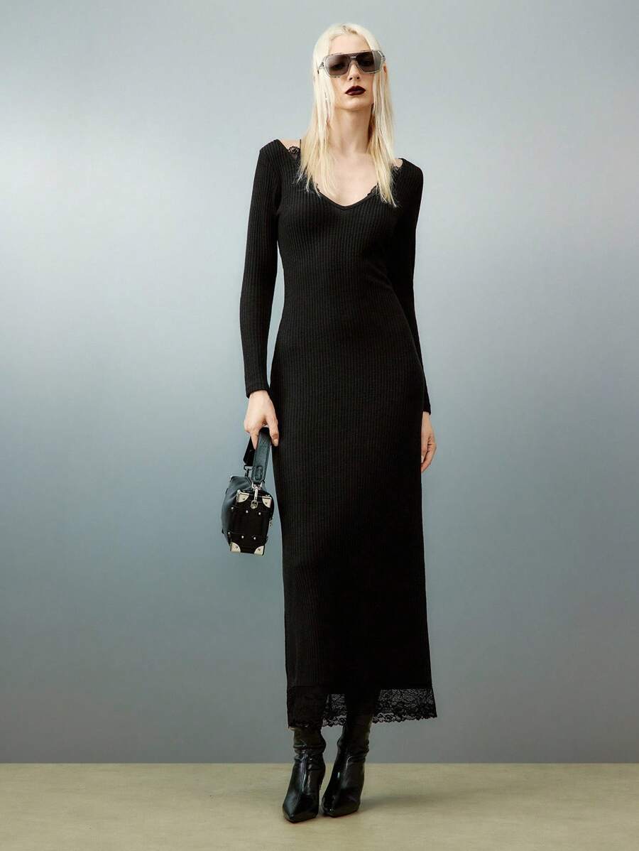 Airlisse French Romantic Lace Patchwork Knit Dress Fall Cloth For Women - Black - View 1