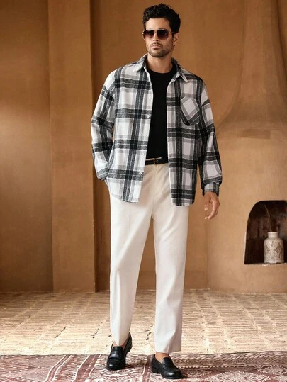 HIMLAND Chaqueta casual holgada de manga larga con caída de hombros a cuadros para hombres, adecuada para uso diario, camisa a cuadros vintage con botones, chaqueta casual de estilo urbano, dinero viejo, otoño e invierno