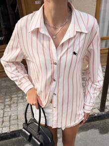 Jouncy 女式骑士刺绣条纹长袖休闲防晒衬衫 - 藕粉色 - 查看 7