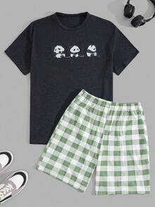 EURMUSE Men Panda Printed Short Sleeve Regular T-Shirt And Short Loungewear Set - Dark Green - View 2