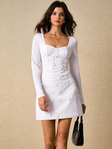 Poéselle White 3D Daisy Appliqué Sweetheart Long-Sleeve Bodycon Mini Dress – Flirty Brunch & Bridal Shower Look,Daisy Dress, 3d Floral Appliqué,Sweetheart Neckline Dress, Bodycon Long Sleeve Dress,Bridal Shower Outfit, Spring Brunch Fashion, White Graduation Dress,Women's Floral Decor Sweetheart Neck Long Sleeve Elegant Mini Dress