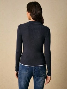 Poéselle Gray Color-Blocked Sweater,Contrast-Trim Ribbed Collared Cardigan Top – Slim-Fit Button-Front Knit Sweater For Chic Preppy & Quiet-Luxury Layering,Women's Contrast Color Knit Long Sleeve Top Autumn Winter Clothes For Women,Polo Collar Cardigan,Preppy Fall Outfit,Quiet Luxury Knitwear,Button Front Knit Top,Dark Academia Style,Capsule Wardrobe Essentials,Winter Clothes For Women Knit Tops