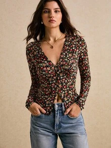 Poéselle Vintage Ditsy Blumen Knotenshirt mit Langarm, 90er Jahre Y2K Crop Top Essentiell, Lässig Chic Streetwear, einfach und modisch, geeignet für den täglichen Gebrauch, Ausgehen, Pendeln, Dates, Zuhause und andere Anlässe - Schwarz - Übersicht 3