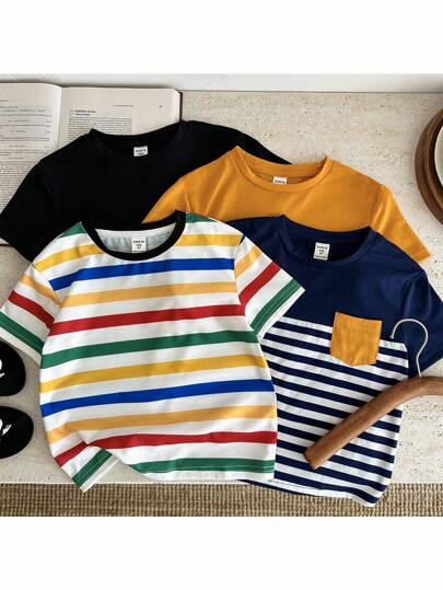 SHEIN Oferta: Compre 3 y lleve 4,Set de 4 camisetas de manga corta de cuello redondo a rayas, cómodas, económicas y versátiles para uso diario casual, aptas para primavera/verano, uso diario, deporte, salidas, escuela, reuniones, festivales, sesiones de fotos, vuelta al cole, para niños