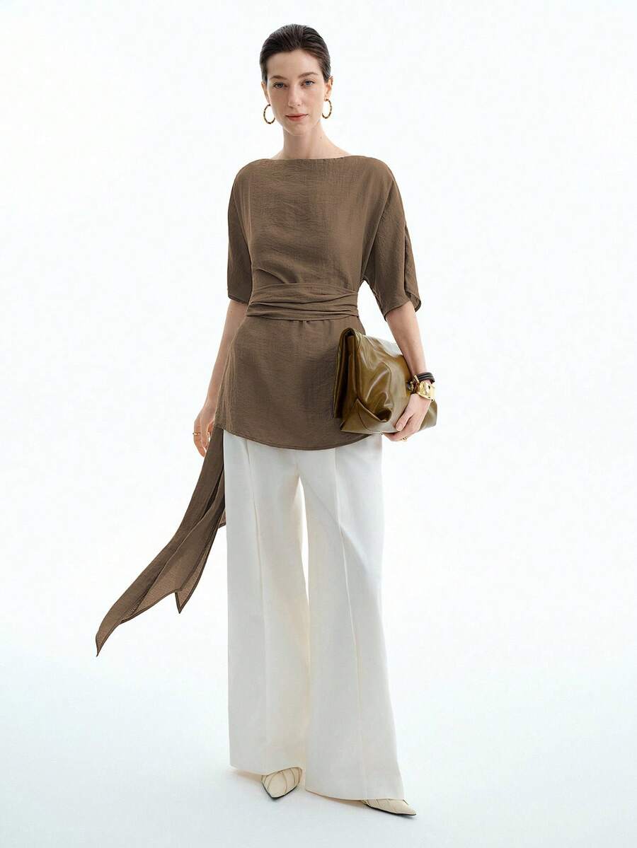 Aalyst 女士亚麻度假风格海滩风船领宽松 A 字腰系带长衬衫，适合休闲、通勤、春夏季 - 咖啡棕 - 查看 1