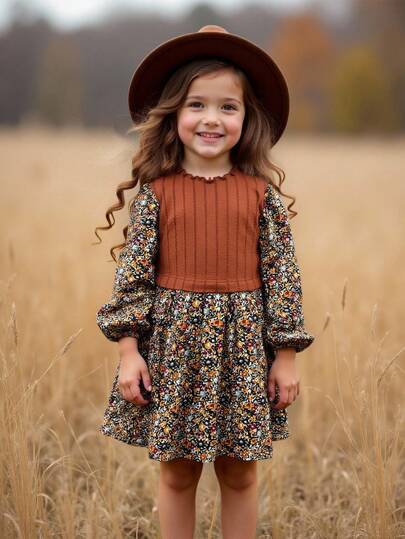 SHEIN Kleine Mädchen Kleid mit LUNE Blume Muster, Laternenärmel und Rüschensaum, französischer Blume Muster, Feenkleid, Landstil, Herbst Winter