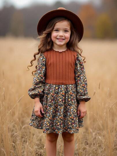 Emery Rose Kids Emery Rose Kids Vestido de niña con estampado floral LUNE, manga farol, volante en el bajo, estilo francés floral, vestido de hada, estilo pastoril, otoño invierno