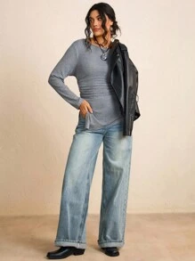 SHEIN LUNE Plus Size Women's Round Neck Ruched Slit Fitted T-Shirt  Work/Office Fall/Winter Clothes Grey Chic Going Out  Elegant