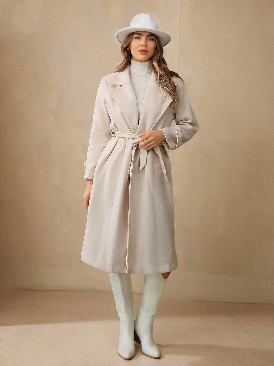 Wildy Lapel Neck Drop Shoulder Belted Overcoat