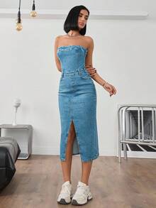 CasuGlow DŁUGA SPÓDNICA Z ROZCIĘCIEM Z PRZODU PROSTA MODA CODZIENNA LUŹNA - Średni jeans - Zobacz 4