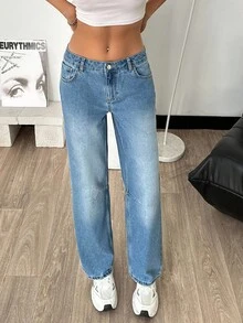 SHEIN Cottnline بنطلون جينز متوسط الخصر مستقيم الساق بجيوب مائلة، كاجوال - أزرق متوسط - مشاهدة 5