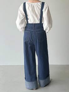 FRIFUL 女式口袋阔腿宽松休闲日常牛仔连体裤 - 藍色 - 查看 5