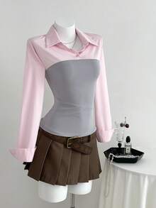 Elamini Women's Long Sleeve Casual Sweet Contrast Color Patchwork Shirt Fall Cloth For Women - Multicolor - View 1