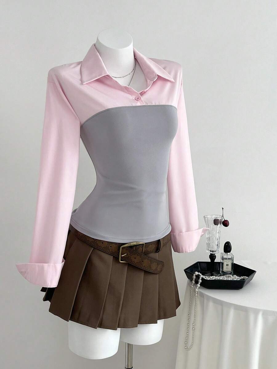 Elamini Women's Long Sleeve Casual Sweet Contrast Color Patchwork Shirt Fall Cloth For Women - Multicolor - View 1