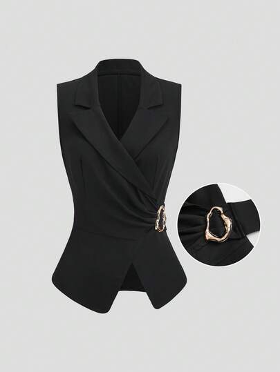 Sweetra 复古 V 领无袖薄款西装背心，带金属配饰，高端优雅，收腰，修身轻便夹克