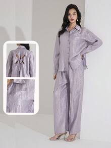 Heiryn School Shirt Women's Backless Sheer Elegant Classy Office Wear Blouse And Pants Set - Mauve Purple - View 1