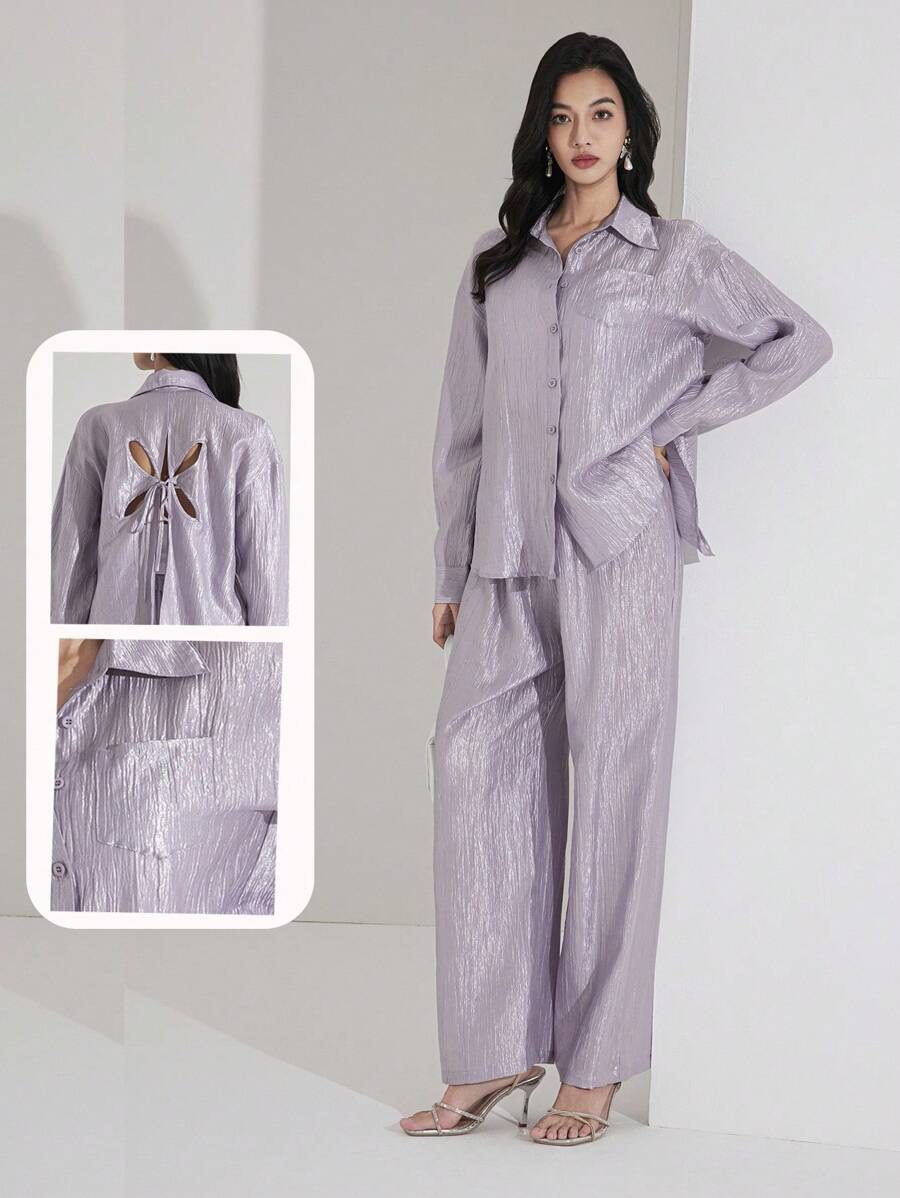 Heiryn School Shirt Women's Backless Sheer Elegant Classy Office Wear Blouse And Pants Set - Mauve Purple - View 1