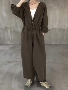 FRIFUL Bộ jumpsuit nữ màu nâu trơn, cổ tròn, cài cúc ở eo, ống thẳng, dáng rộng, thoải mái, thích hợp cho du lịch sân bay, mùa thu. - Cà phê nâu - Xem 4