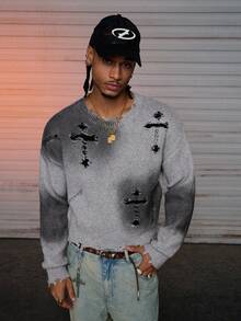 AXEPEAK Men's Ombre Distressed Cross Pattern Knit Sweater , Fall Winter - Grey - View 1