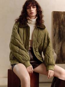 EMERY ROSE Mantel Berlapis Longgar dengan Kerah Warna Kontras, Gaya Inggris, Pakaian Musim Gugur/Dingin untuk Wanita - Hijau Tentara - View 2