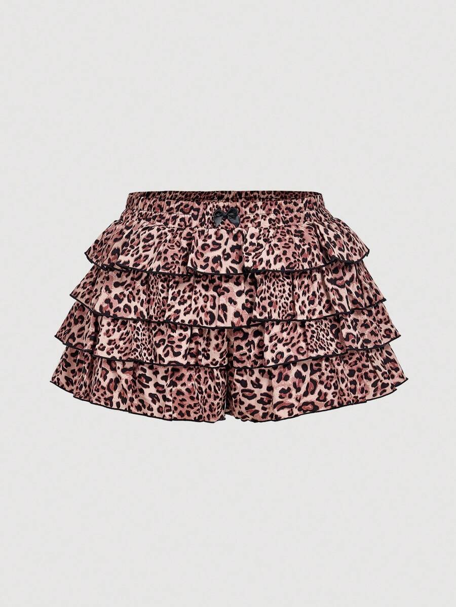 SHEIN MOD 大码女式豹纹多层蛋糕褶边蝴蝶结装饰时尚短裙 - 粉色 - 查看 1