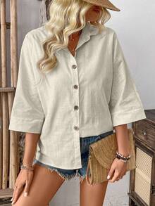 EMERY ROSE 女士纯色 3/4 袖单排扣休闲宽松衬衫纽扣衬衫女士夏季衬衫女士亚麻衬衫亚麻纽扣衬衫女士超大亚麻衬衫 - 杏色 - 查看 4